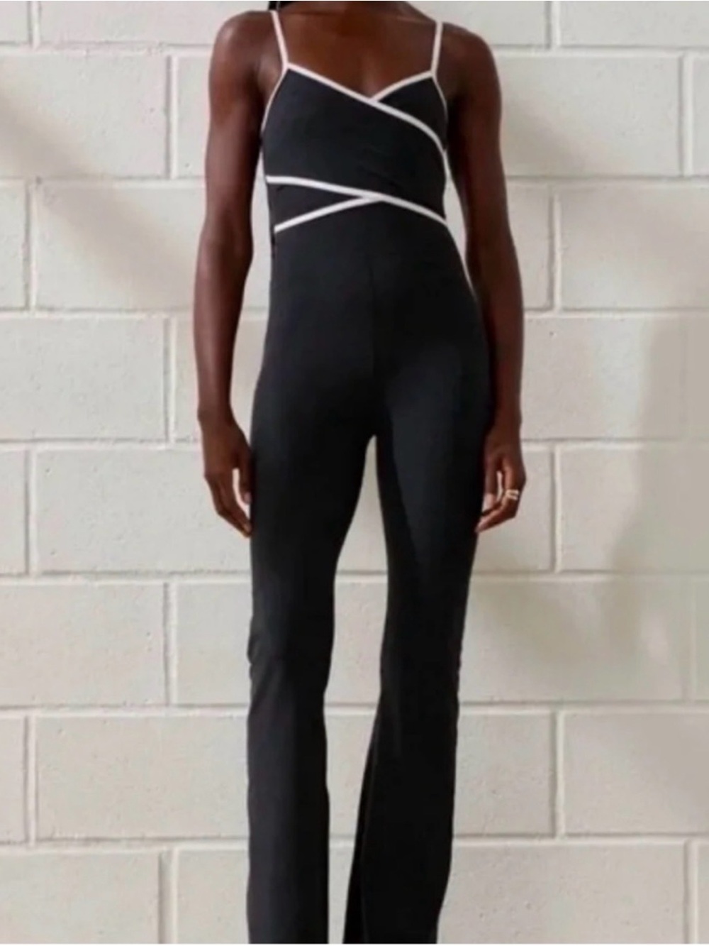 Black Spaghetti-Strap Jumpsuit with White Contrast Piping